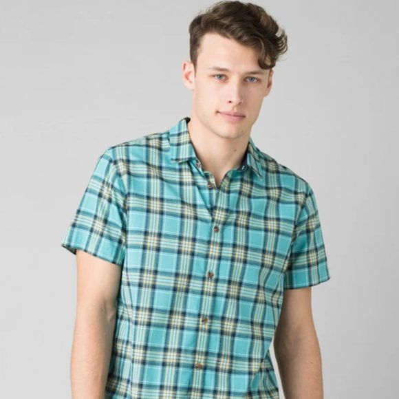 Prana Graden Shirt Men's Med & Lg 80% Organic Woven Cotton 20%Poly Color Azurite - Picture 2 of 5